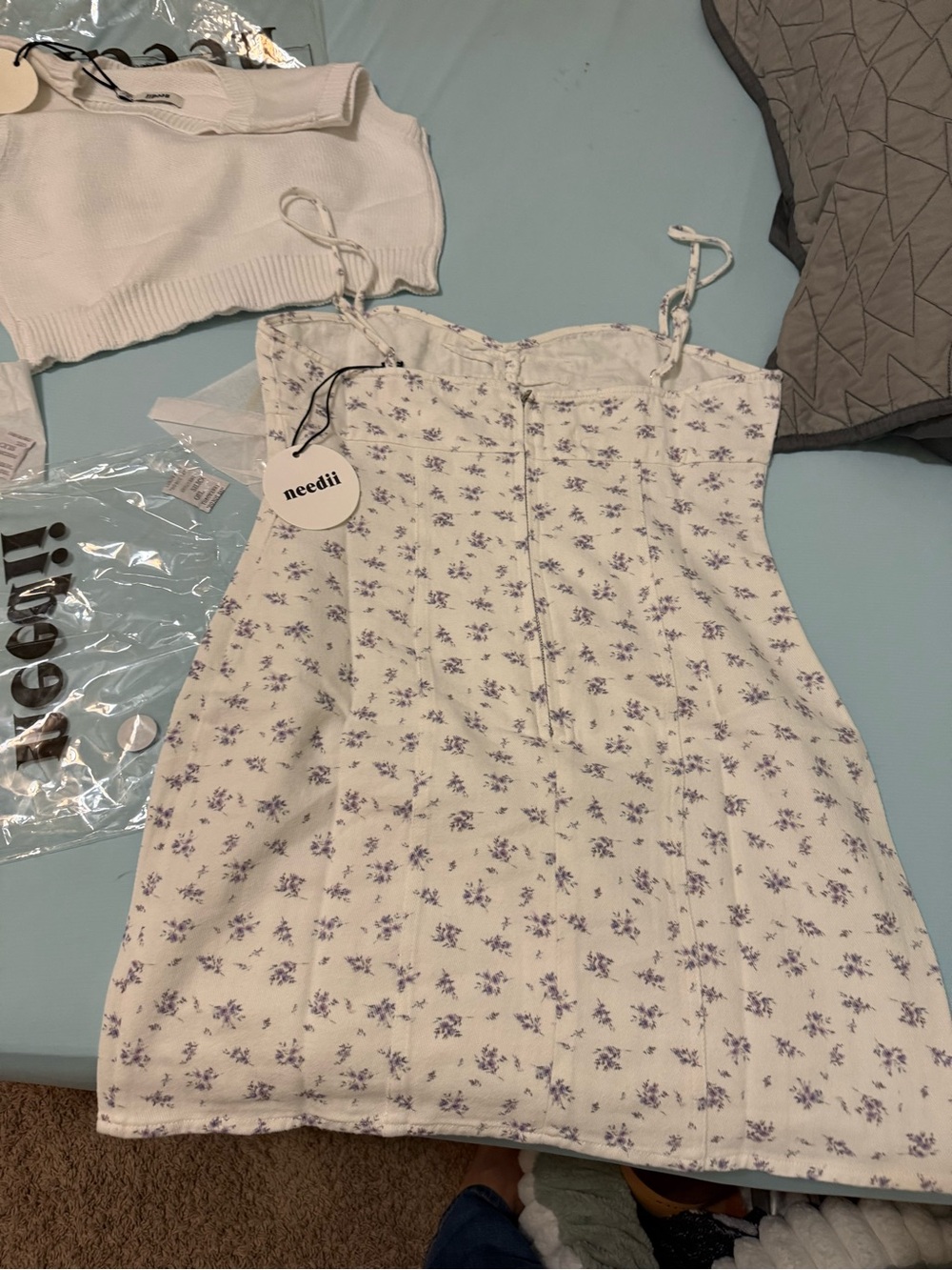 Needli White Floral A-Line denim Dress with Lavender Print with sweater vest